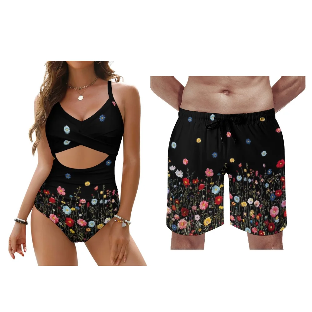 Bikini para mujer, pantalones de playa para hombre, trajes para parejas, patrones personalizables, estilo floral de verano, adecuado para uso en vacaciones