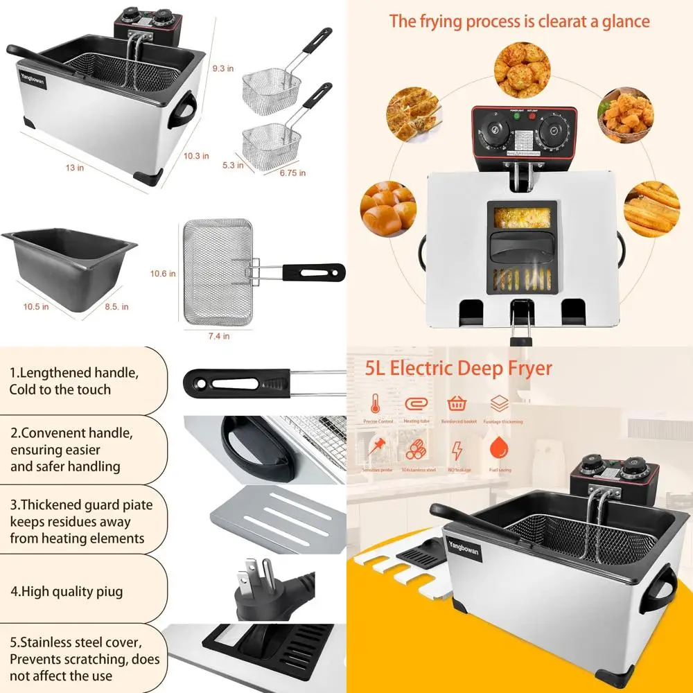 

3-Basket Electric Deep Fryer, 1300W, 5L Capacity, Home Use, Temperature & Time Control, Stainless Steel Lid with View Window