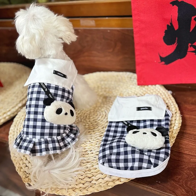 

Teddy Plaid Panda Vest Pet Summer Clothes Bichon Frise Cute Couple Clothes Puppy Navy Collar Skirt Pet Supplies