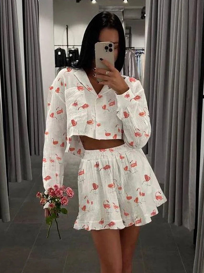 

Marthaqiqi Casual Women Pijamas Set Long Sleeve Sleepwear Turn-Down Collar Pajamas Crop Top Nightie Shorts Printing Pyjamas Suit