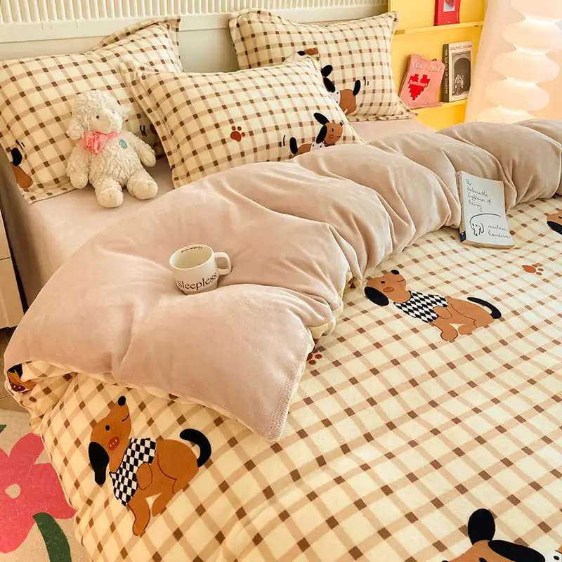 Khaki Stripe Plaid Duvet Cover Kids Adults Bedroom Soft Warm Cartoon Dog Single Queen Comforter Cover Letter Print Bedding 1pc