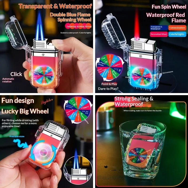 CXHJ-128， Personality, transparent shell, with turntable, dual flame, blue flame, high aesthetics, inflatable, lighter