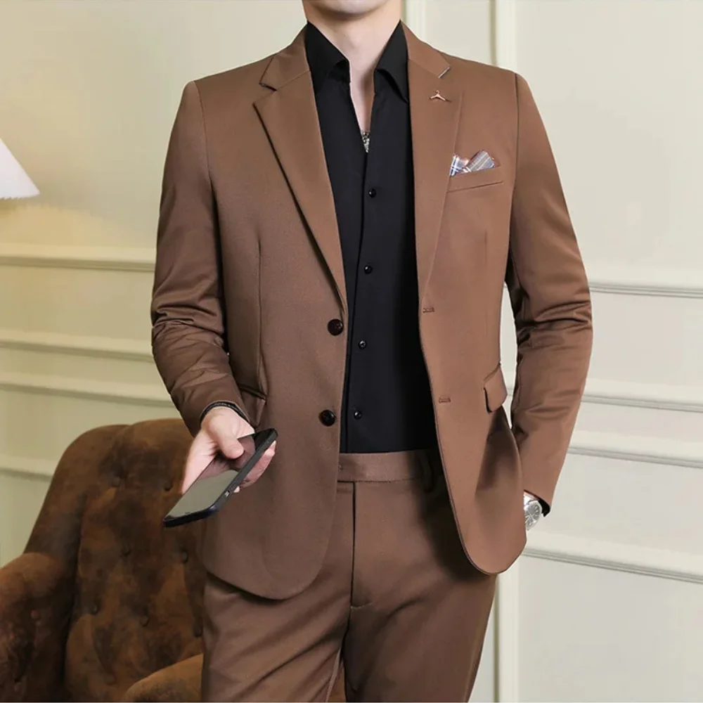 

2 Piece Brown Men Suits Set Formal Single Breasted Male Suit Slim Daily Smart Causal Office Wedding Tuxedo