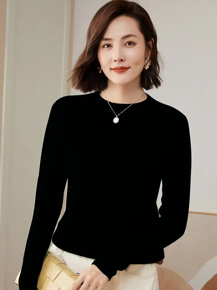 Addonee Autumn Winter Women O-Neck Sweater 100% Merino Wool Basic Bottoming Shirt Cashmere Knitted Pullover Female Clothing Tops