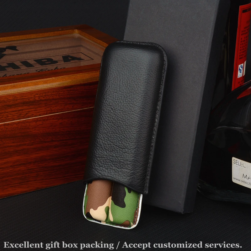 

Real Leather Cigar Case Black Tobacco Holder Camouflage Cigar Tube 20mm Diameter Mini Humidor Best Cigar Accessory for Men