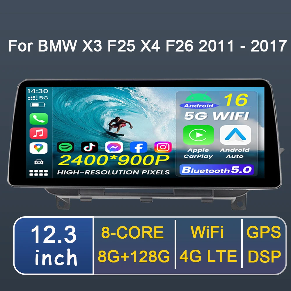 

For BMW X3 F25 X4 F26 2011 - 2017 NBT CIC System 12.3 Lnch 2K Screen Android Auto CarPlay Navigation GPS Car Multimedia Plyaer