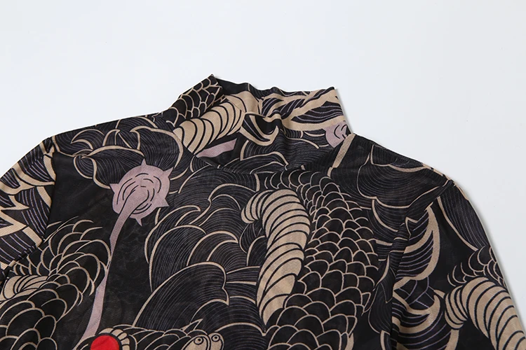 Kliou Ästhetischen Druck Frauen T-shirts Hipster Herbst Stehkragen Super-Verlängern Schlank Tops Mujer Mesh Dünne Attraktive Streetwear – Detail 5