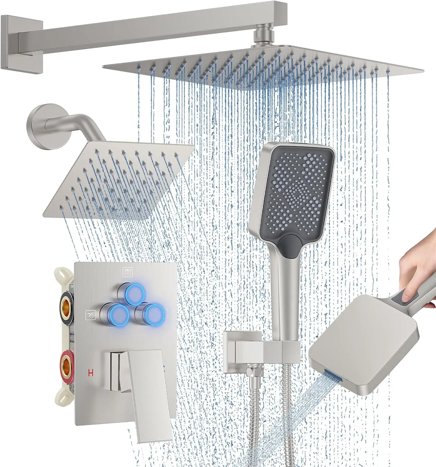 

10\" Wall Mount Rainfall Shower System Multi-Function 2-Rain Shower Head Push Button Diverter Handheld Trim Kit Brushed Faucet