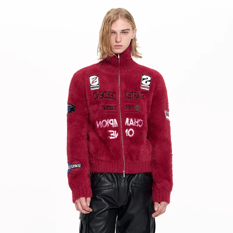 LUZHEN Original 2026 Pattern Winter Embroidery New Stand Fashion Neck Knitted Cardigan Men Handsome Elegant Male Sweater JY8600