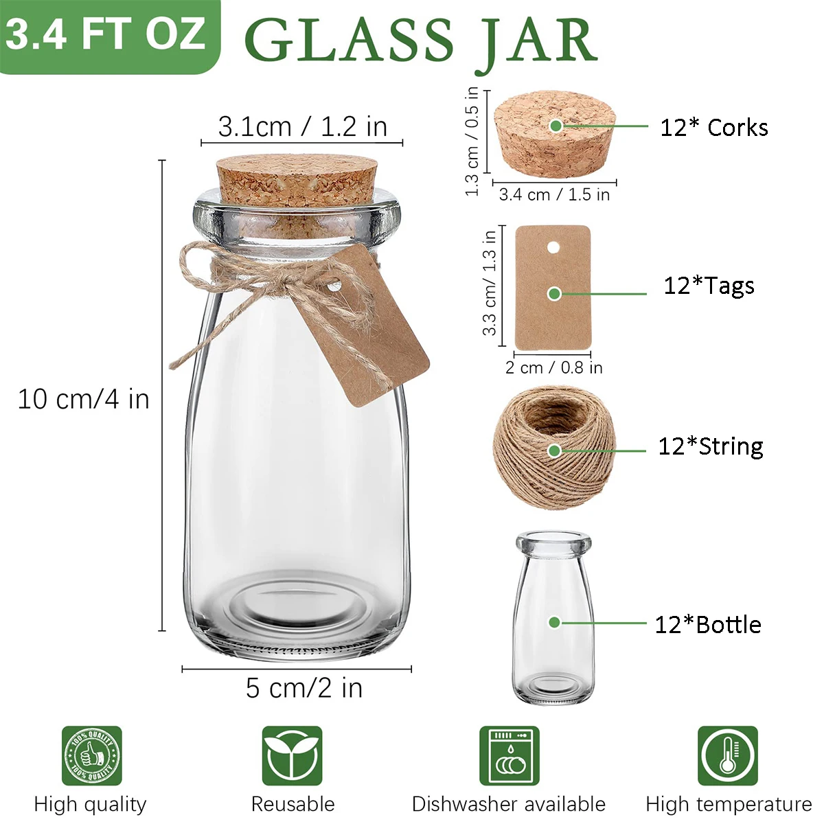 12 Pcs 3.4 oz Milk Jars Glass Bottles with Cork Lid Potion Bottles Glass Pudding Jars for Baby Shower Party Favors Wedding Decor