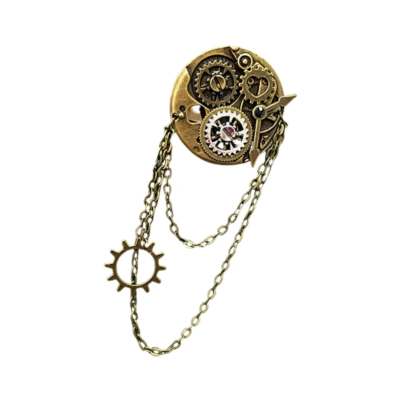 Hanging Chain Brooch Pins with Gear Clock Suit Lapel Pin Jewelry Gifts 10CD