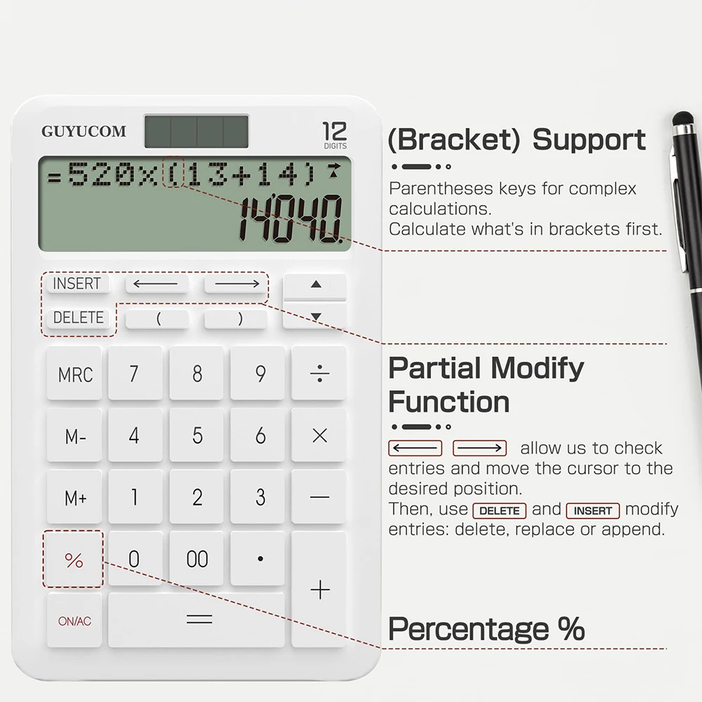 Calculadora de escritorio con Grabación de historia mejorada y función de seguimiento, porcentaje de 2 líneas, pantalla LCD grande y clara, 12