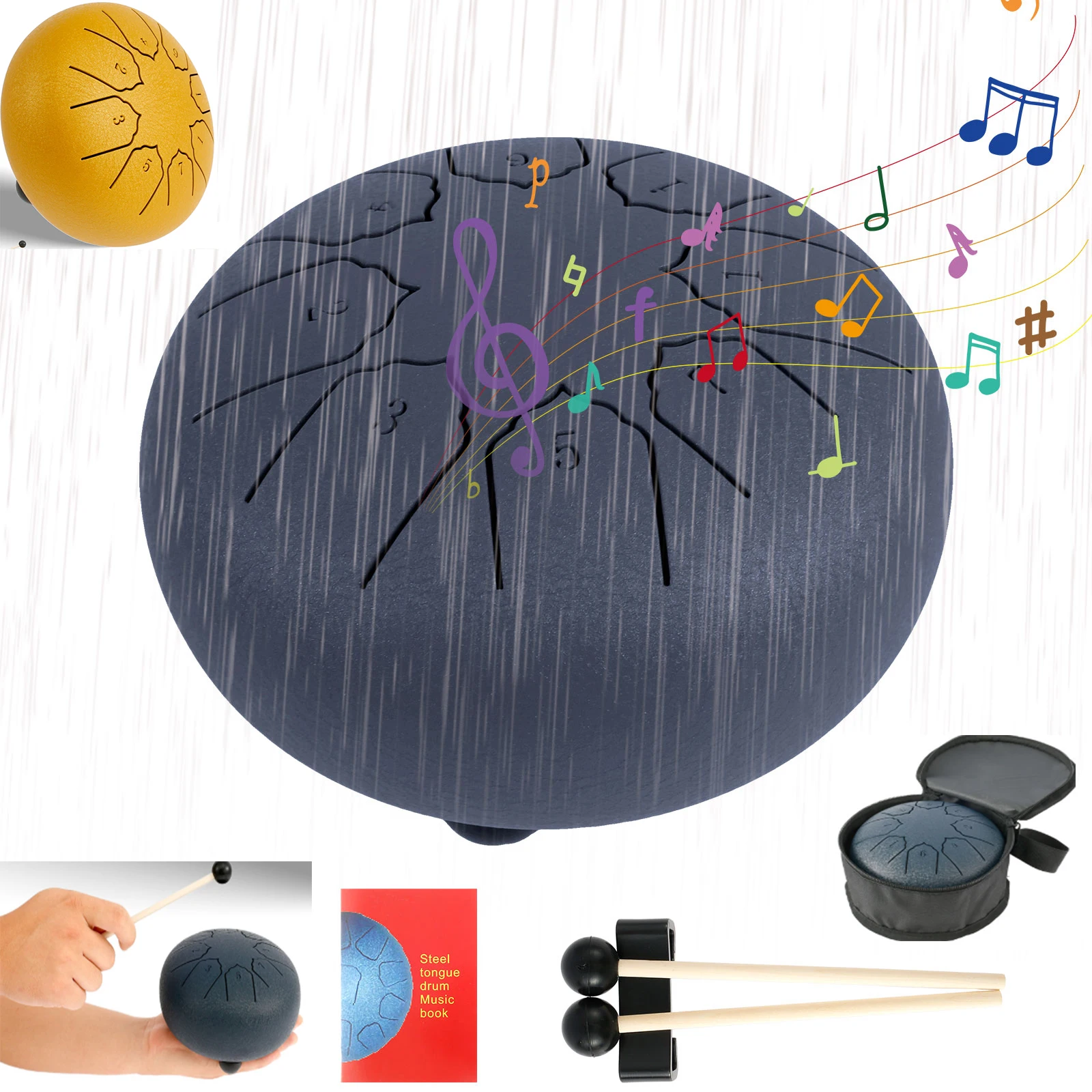 Tambor de lluvia tonos lengua de acero tambor al aire libre instrumento de tambor de lluvia Mini tambor de mano baquetas etéreas accesorios de tambor de percusión
