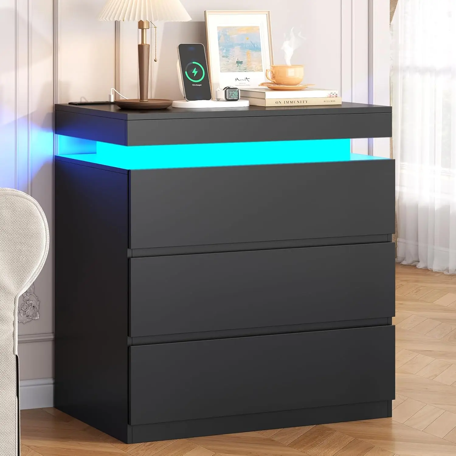 Black Nightstand with Charging Station & LED Lights 3 Drawers Modern Bedside Table Bedroom Living Room End Table, Customized