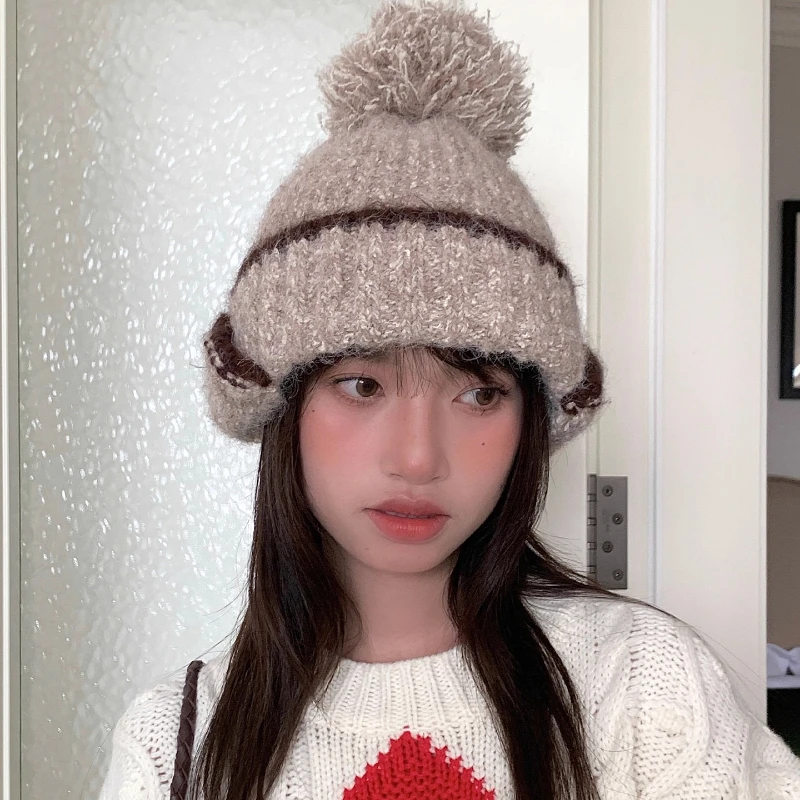 

Korean Retro Mixed Color Earflaps Knitted Women's Hats Autumn Winter Outdoor Leisure Warm Show Face Small Cute Pom Pom Beanies
