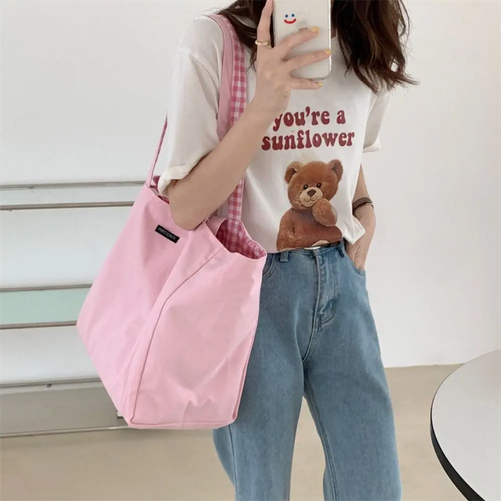 Korean Style Plaid Double-side Canvas Bags Office Worker Tote Shoulder Bag Solid Color Vacation Tote Bag Large Capacity Women