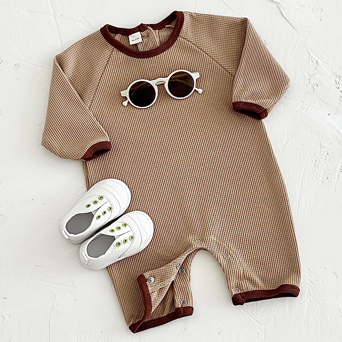 2024 Spring Autumn New Unisex Baby Bodysuit Long Sleeve Solid Color Spliced Boys Girls Creeper Newborn Baby Waffle Jumpsuit