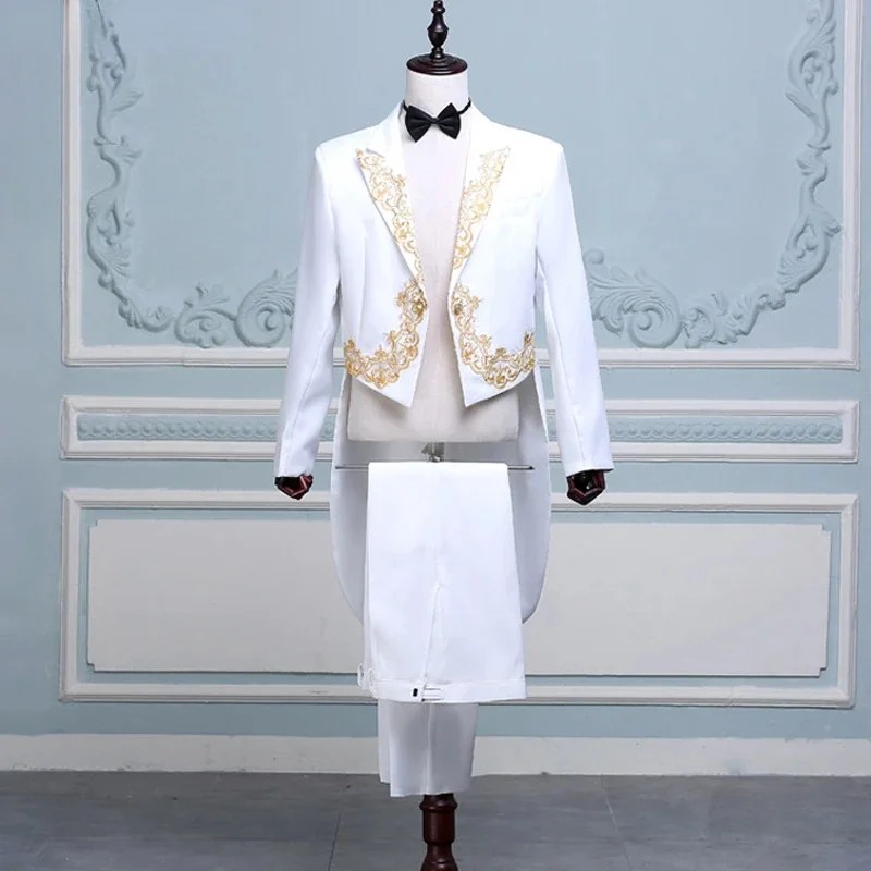 

4 Mens Pcs White Tuxedo Suits (Jacket+Pants+Blet+Tie) Brand Gold Embroidery Conductor Magician Pianist Prom Tailcoat Suit Male