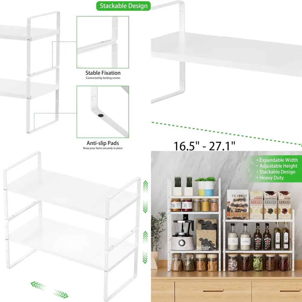 

Large Stackable Storage Racks, Heavy Duty Nonslip White, 2-Pack for Kitchen, Bathroom, Pantry, Office