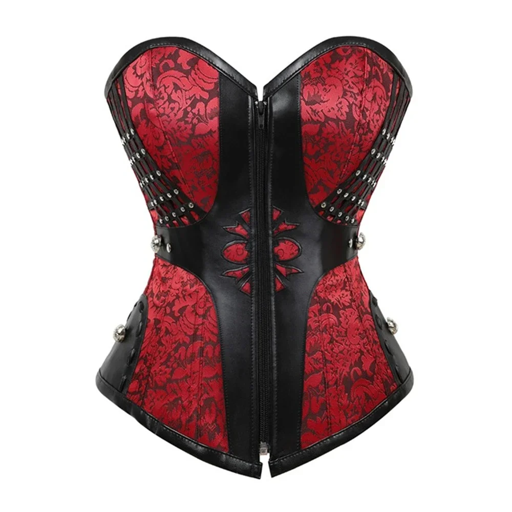 Gothic Women Corset Sexy Bustiers Steampunk Faux Leather Corsets Lacing Up Black Red Goth Costume With Zipper