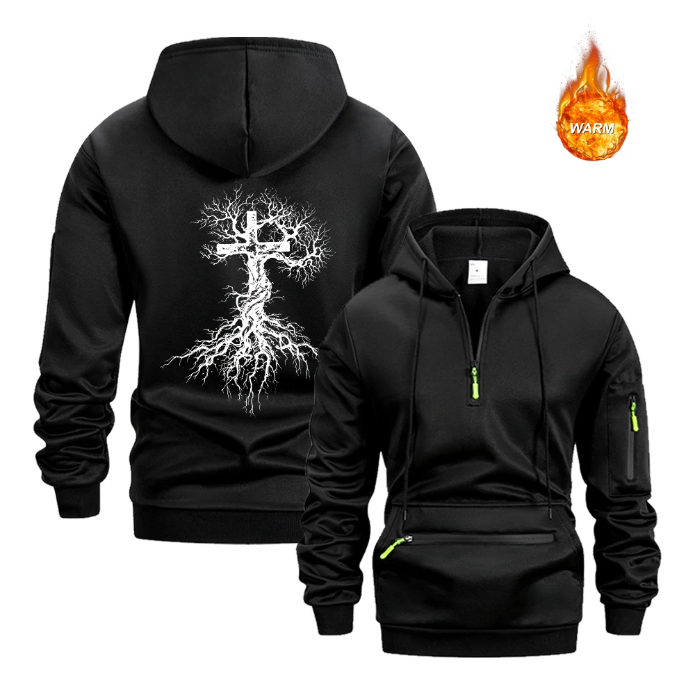 Men's Half Zip Hoodies With Dead Tree Cross Print And Zippered Pockets Warm Pullover For Autumn Daily Running And Commute
