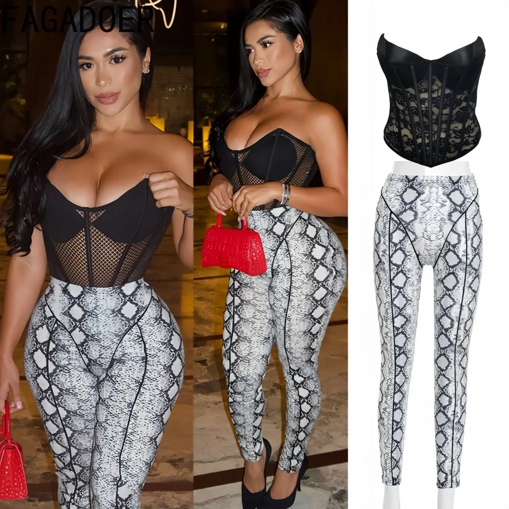 

FAGADOER Sexy Lace Pattern Patchwork 2 Pieces Set for Woman Outfits Sleeveless Backless Crop Top and Pants Female Streetwear New