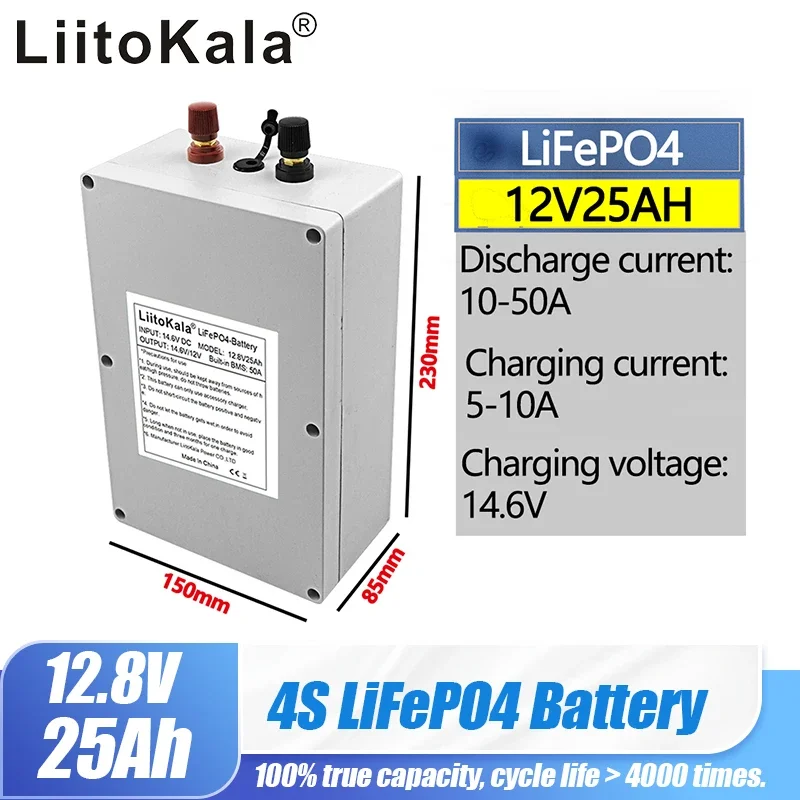 LiitoKala 12V 25Ah Lithium LiFePO4 Deep Cycle Rechargeable Battery Built-in BMS for RV Solar Marine Off-Grid Applications