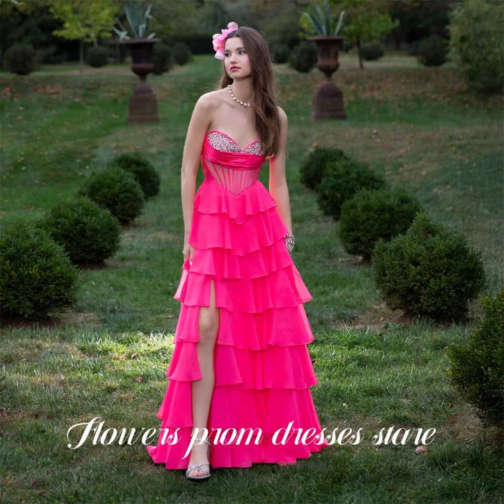 Flowers Hot Pink Party Dress Sweetheart فساتين السهرة Beading On Chest Night Dress Celebrity Dress Split Customized