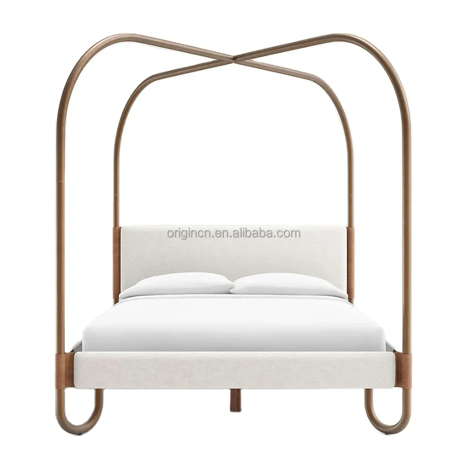 New arrival indoor furniture gracefully curved wood frame mixed trend-forward upholstered fabric canopy bed