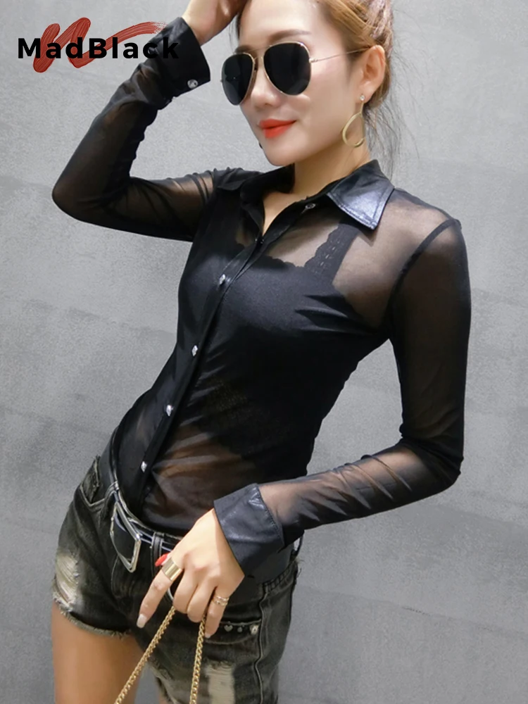 MadBlack New Spring Women\'s Long Sleeve Transparent Shirts Autumn Mesh Blouses Women Diamonds Button Up Tight  Tops 2023 T33020X