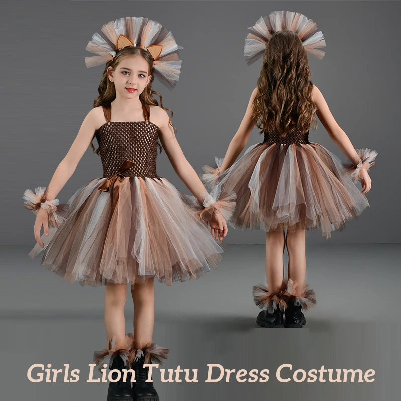 

Girls Holiday Party Tutu Princess Dresses Fancy Animal Lion Cosplay Costume Carnival Halloween Headband Skirt Set Kids Clothes