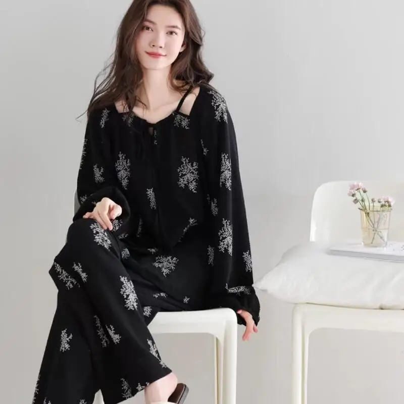 ホットな女性のプリントパジャマセット女の子セクシーなゆったりとしたシンプルな長袖レジャーウェアアウターウェア四季ホーム服新しい