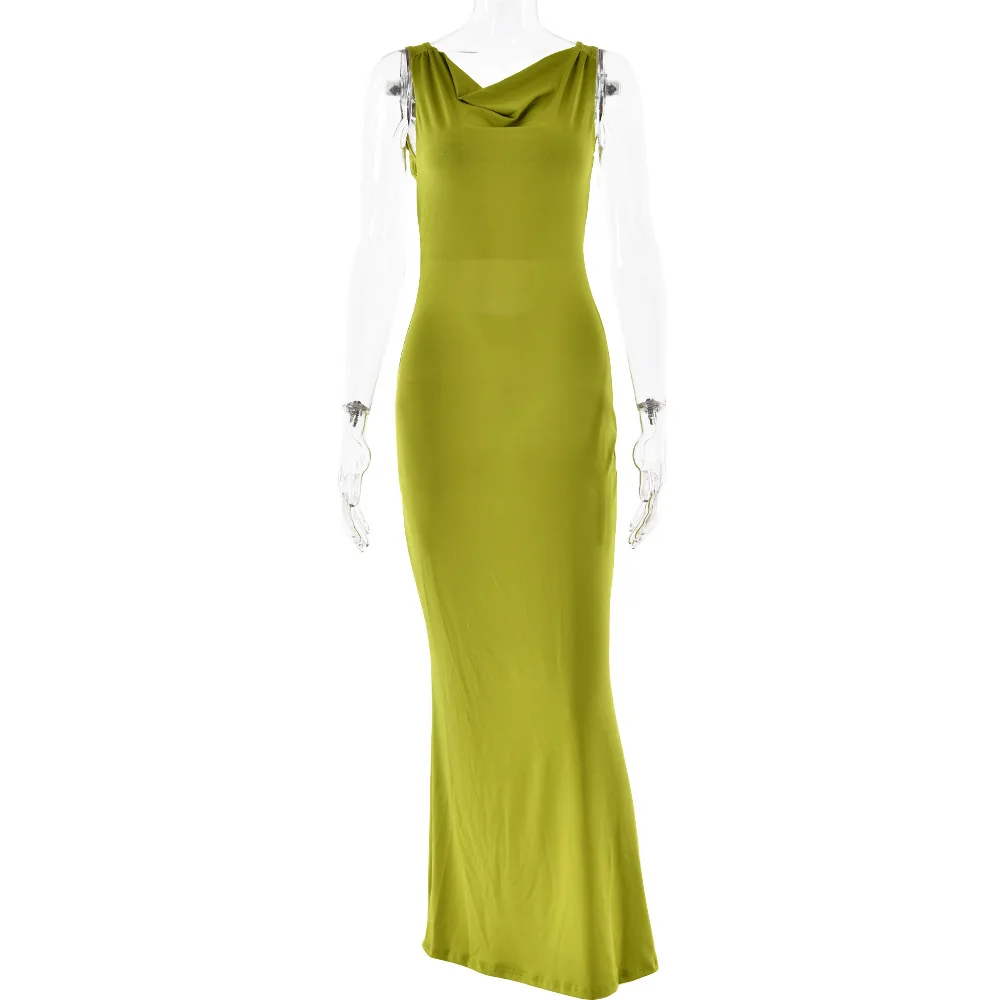YUZHEXI back low cut green sundress fashion sleeveless slim draped vacation dress - view 3