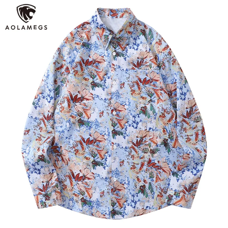 Men's Shirts Mottled Flower Print Blouse Pastoral Hong Kong Style Button Down Clothes Retro Loose Long Sleeve Tops Unisex M-2XL