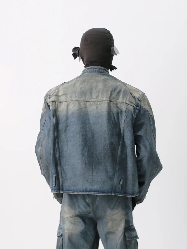 

Niche Designer Style Avant-Garde American Zipper Design Washed Padded Shoulder Denim Jacket Profile Distressed Coat