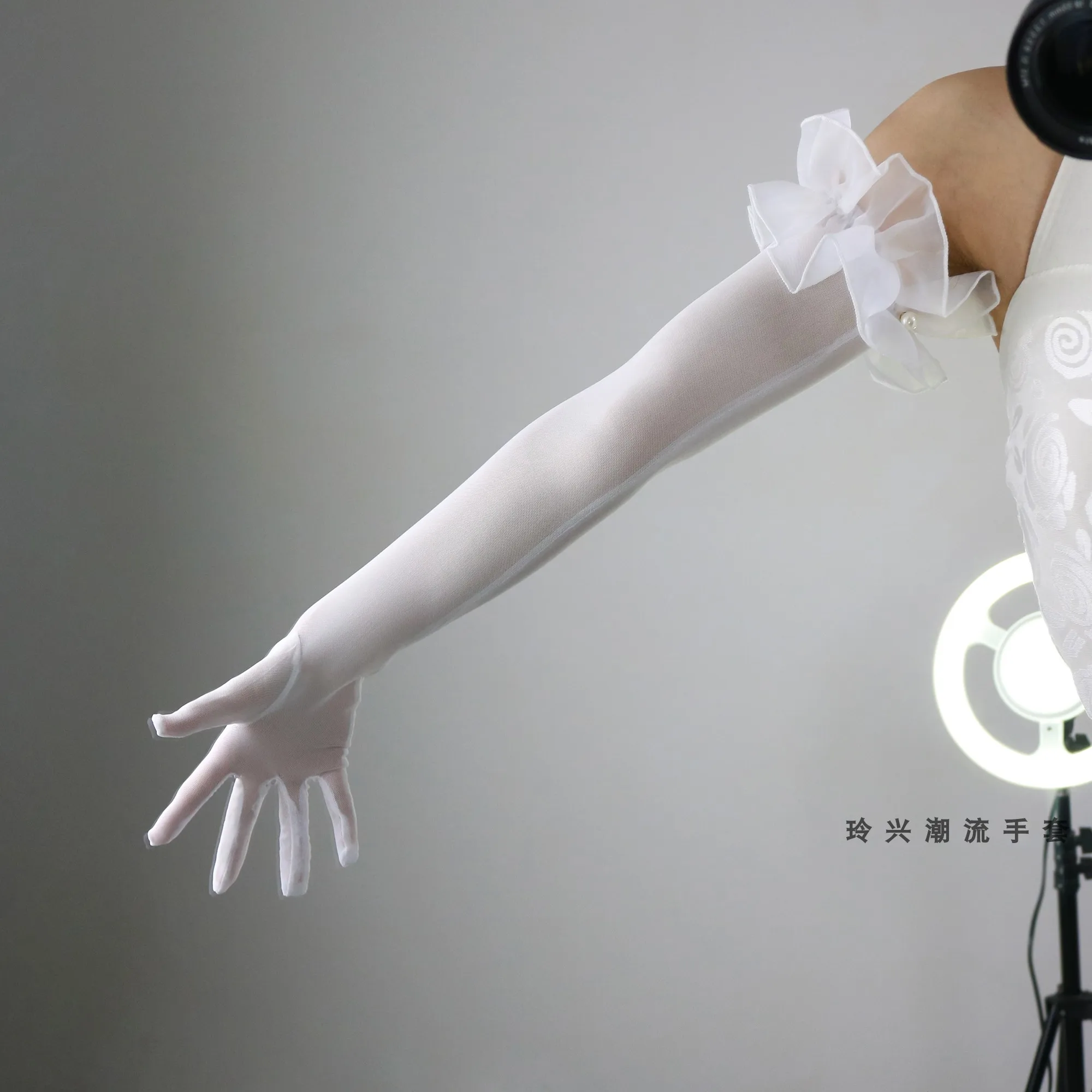 55cm lange Mesh-Handschuhe, sexy Spitzenmanschetten, perlenbesetzt, schwarz, transparent, dünn, für Hochzeiten, Latein, Damen, Sonnenschutz-Ärmel, Sommerhandschuhe, elegant – Detail 19