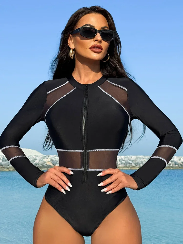 

In-X Long Sleeve One Piece Swimsuit Sports Bathing Suit Surf Suit for Women Black Korean Swimwear Style beachwear women summer