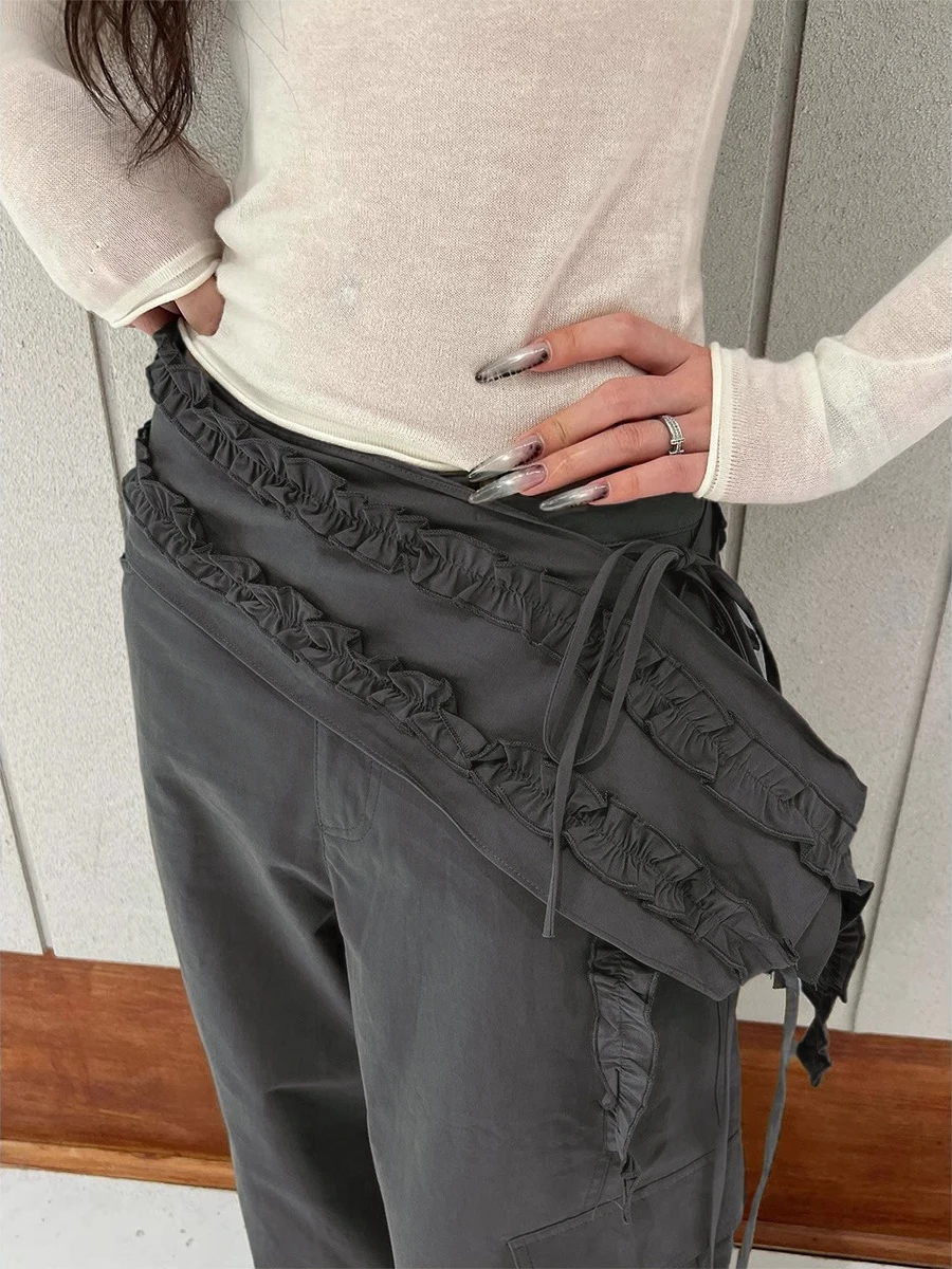 ReddaChic Wrap Skirt Bandage Wide Pants Loose Fit Casual Cargo Pockets Stitch Ruffle Palazzo Pants Dressy Retro Women Streetwear