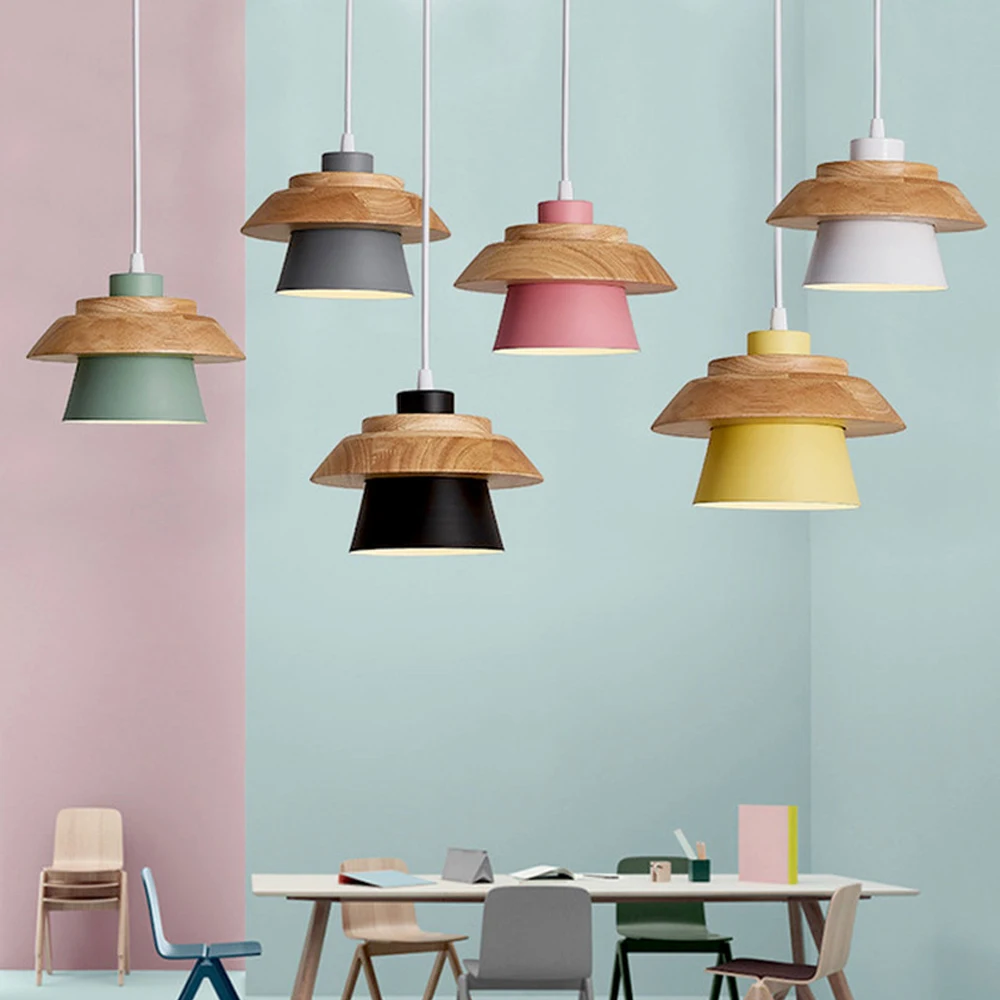Nordic Macaron Chandelier Wooden Pendant Light Bedroom Living Room LED Hanging Lamp Single Head Aluminum Home Lighting Fixtures