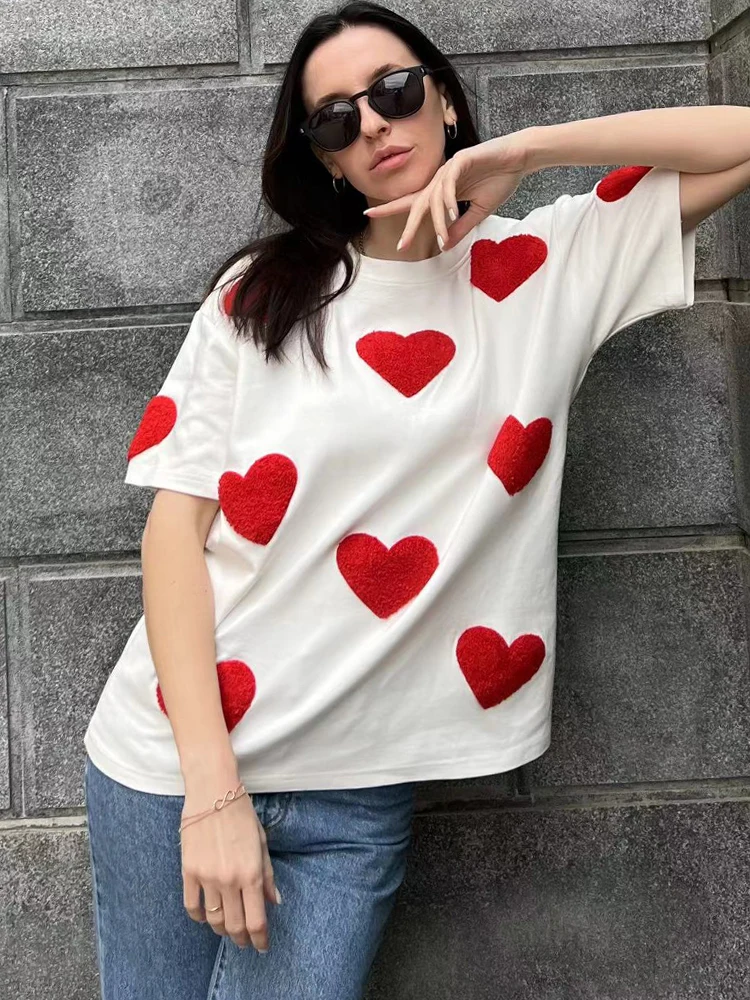 White 100% Cotton T-shirt for Women 2024 Summer Loose Oversized T-shirt with Heart Embroidery O-neck Pullovers Short Sleeve Tops