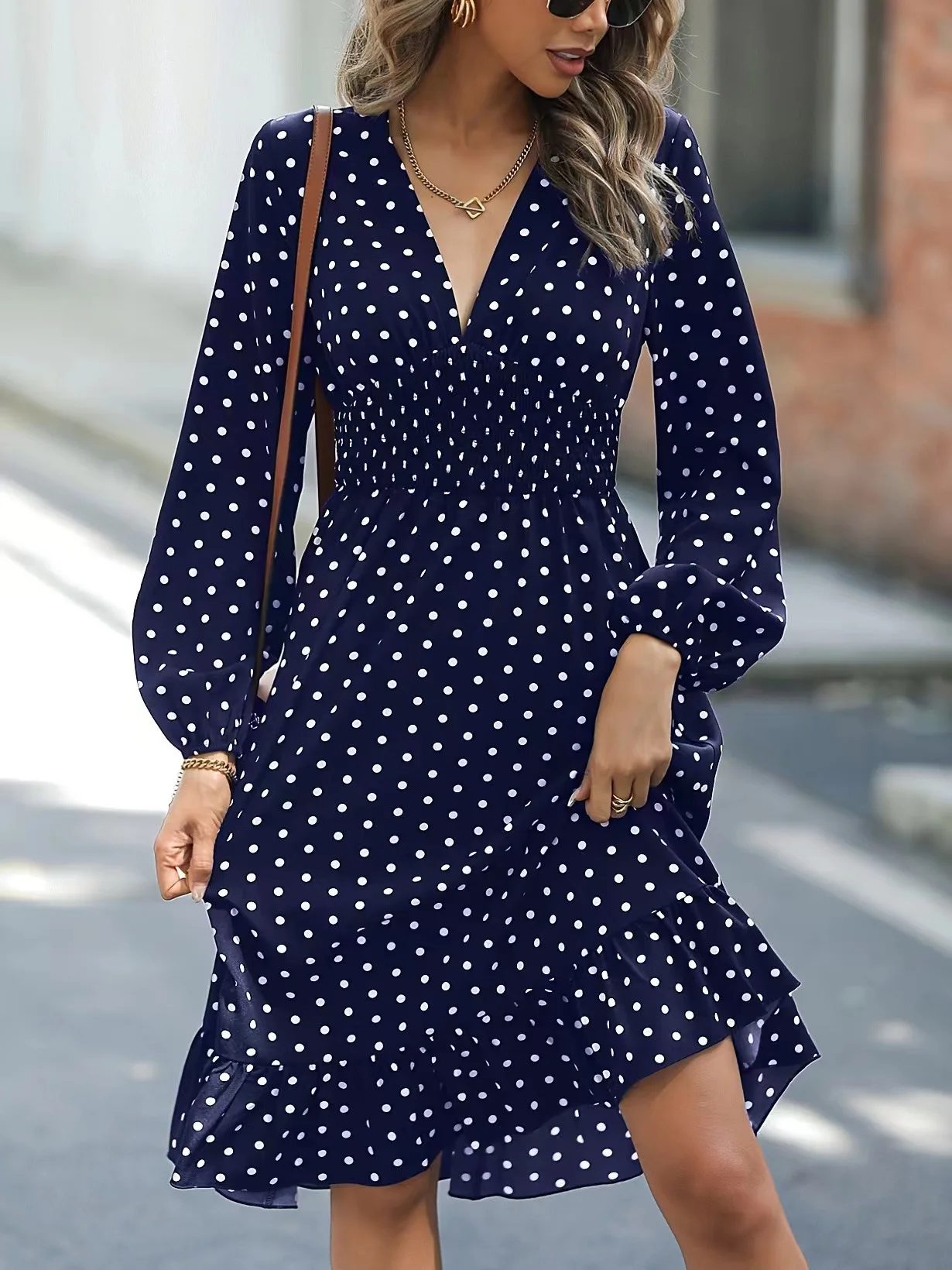 Polka Dot Ruffled Edge Shirt Dress Casual Deep V-neck Long Sleeved Dress For Spring Summer And Autumn Women's Clothing