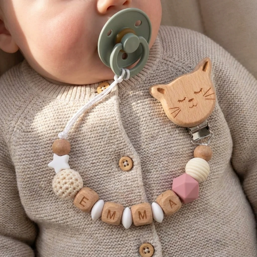 Custom Name Pacifier Clip Wooden Cat Baby Dummy Holder Personalized Beaded Pacifier Chain Crochet Ball Star Newborn Baby Gift