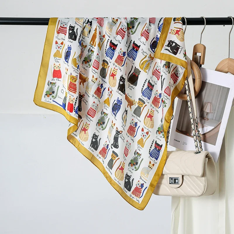 Bufanda de seda cuadrada de marca de lujo para mujer, chal, diademas, pañuelo pequeño y suave con estampado de gato, pañuelo femenino, bufandas Hijab de satén de 70cm