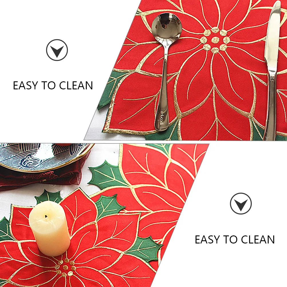 

4Pcs Christmas Embroidered Poinsettia Placemats Decorative Dining Table Plate Mats Heat Resistant Poinsettia Placemat