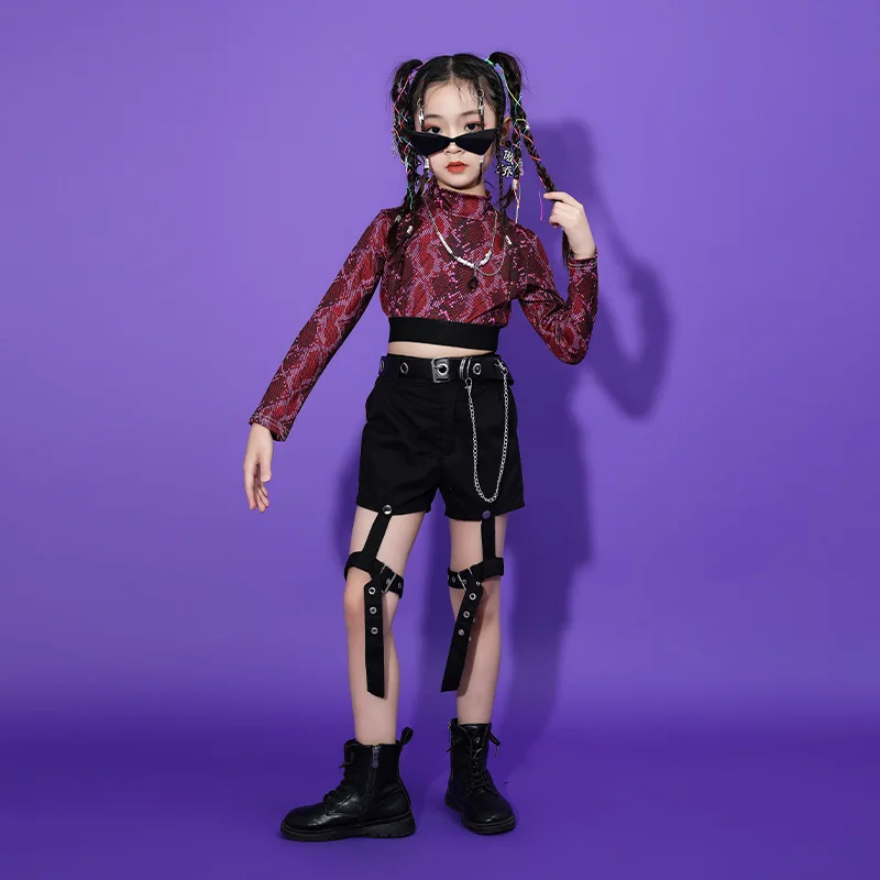 Kid Hip Hop Clothing Slim Snakeskin Print Long Sleeve Crop Top Black Garter Strap Shorts for Girl Jazz Dance Costume Clothes Set