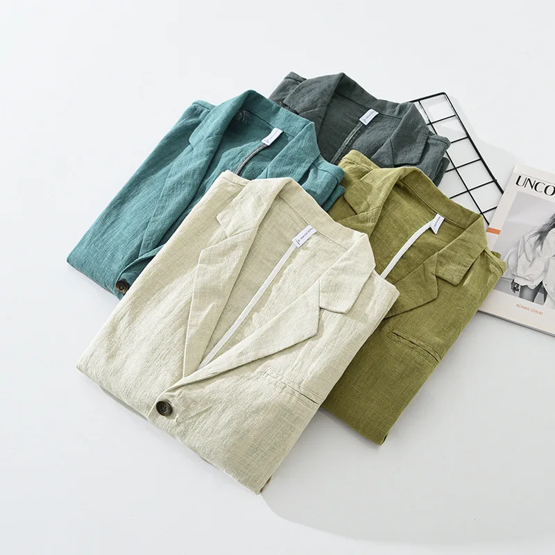 

Japanese casual ramie suit men's loose single-breasted spring and autumn solid color retro linen suit trend
