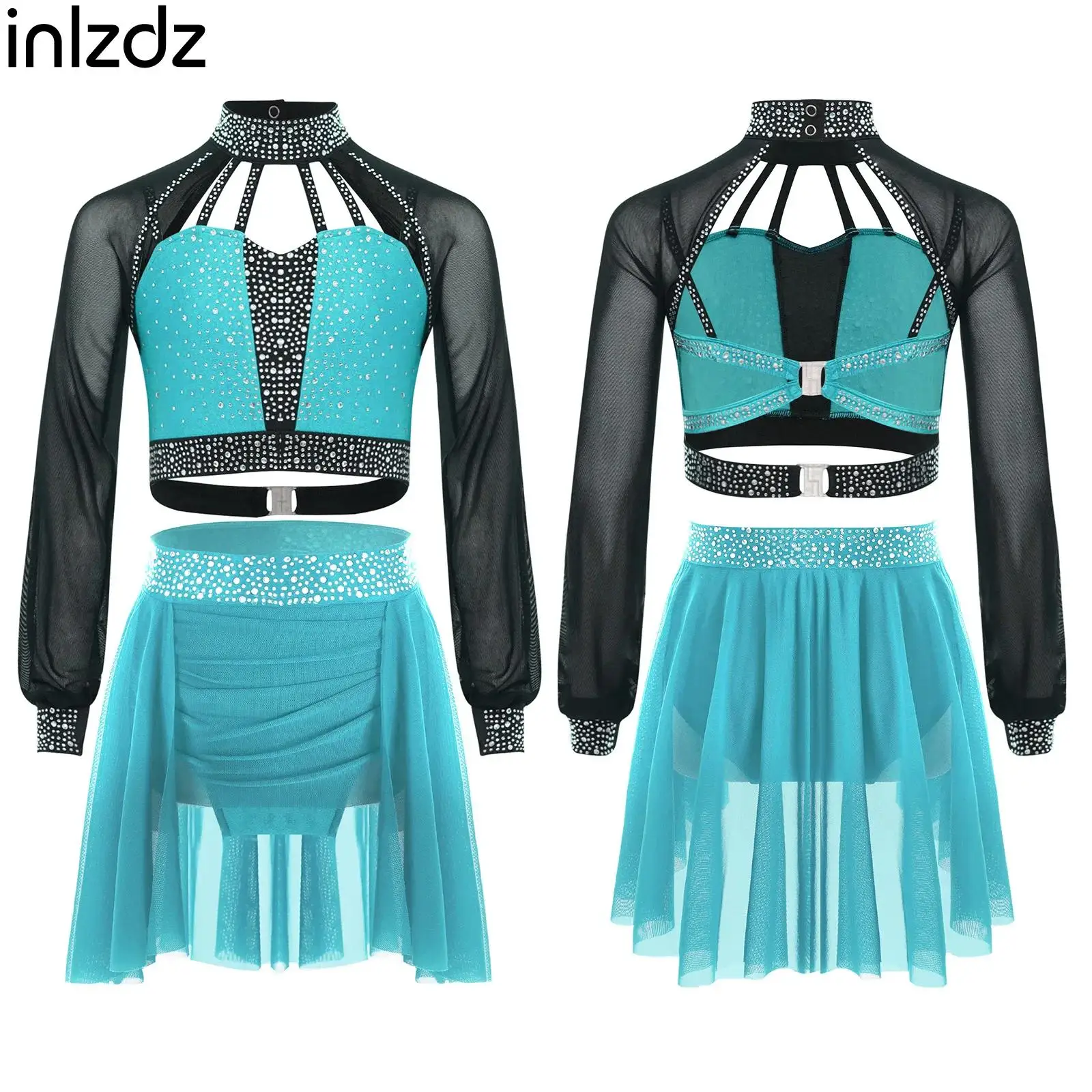 

Kids Girls Ballet Dance Sets Figure Skating Performance Costume Glittery Rhinestones Gymnastics Tops Crop Top with Skirts Suit