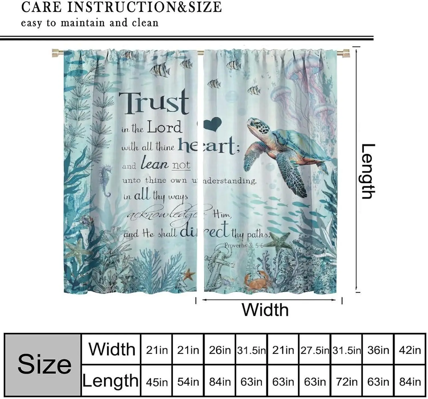 Tropical Ocean Sea Life Curtain Window Panel Blue Underwater Sea Turtle Nautical Inspirational Scripture Quotes Home Decor