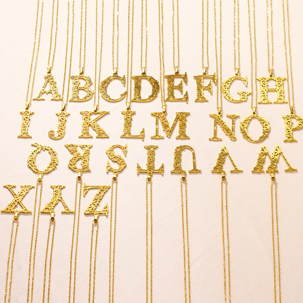 Gold Color Stainless Steel Hollow A-Z Letter Necklaces for Women Flower Initial M S C K Pendant Choker Necklace Alphabet Jewelry