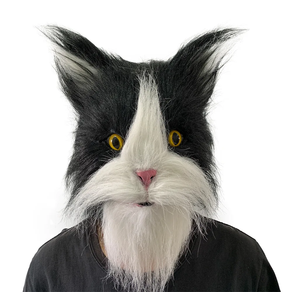 Realistische Flauschige Katzenmaske, Schwarz-Weiße Pelzige Tier-Vollkopfmaske, Latex-Katzenkopfmaske für Halloween, Cosplay und Maskenpartys – Detail 1